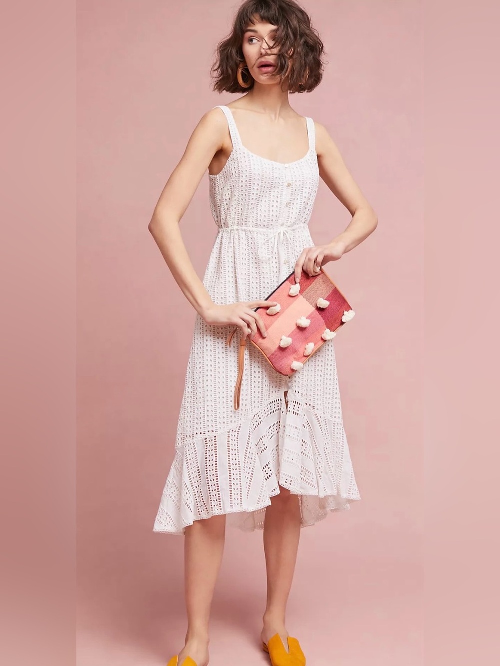 FARM Rio Isolde White Eyelet High Low Ruffle Midi Dress Small